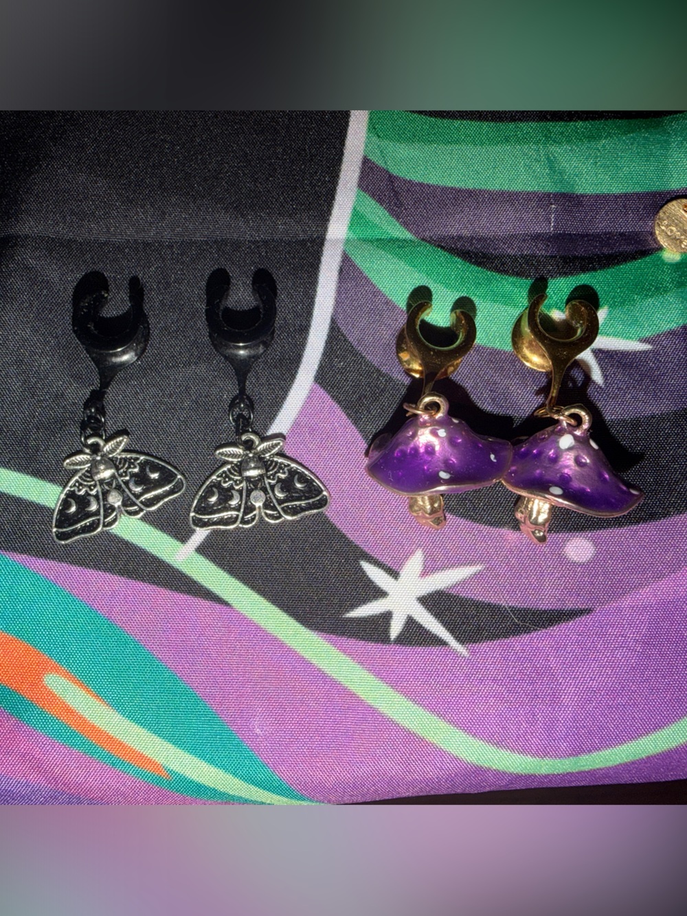 Butterfly and Moon Dangle Ear guages size 00 Purple and Black